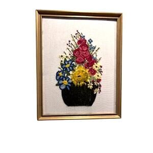 Vtg‎ MCM Crewel Framed Wall Art Large Needlepoint Embroidered Floral Multi-color